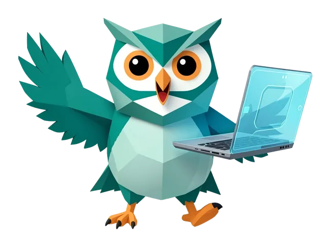 Illustratie van een uil met een glazen laptop in de hand